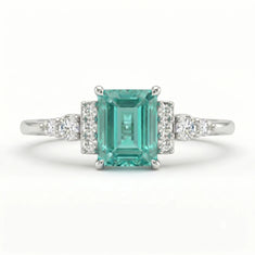 Emerald Cut Green Moissanite Engagement Ring with Diamond Accent Side Stones