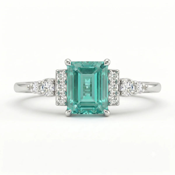 Emerald Cut Green Moissanite Engagement Ring with Diamond Accent Side Stones