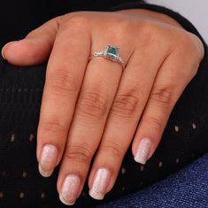 Emerald Cut Green Moissanite Engagement Ring with Diamond Accent Side Stones - alternate view