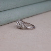 Silver ring with gemstone on a light surface, Elegant Vintage Style Anniversary Ring, Lab Created Moissanite Art Deco Ring, Dainty Milgrain Three Stone Bridal Ring