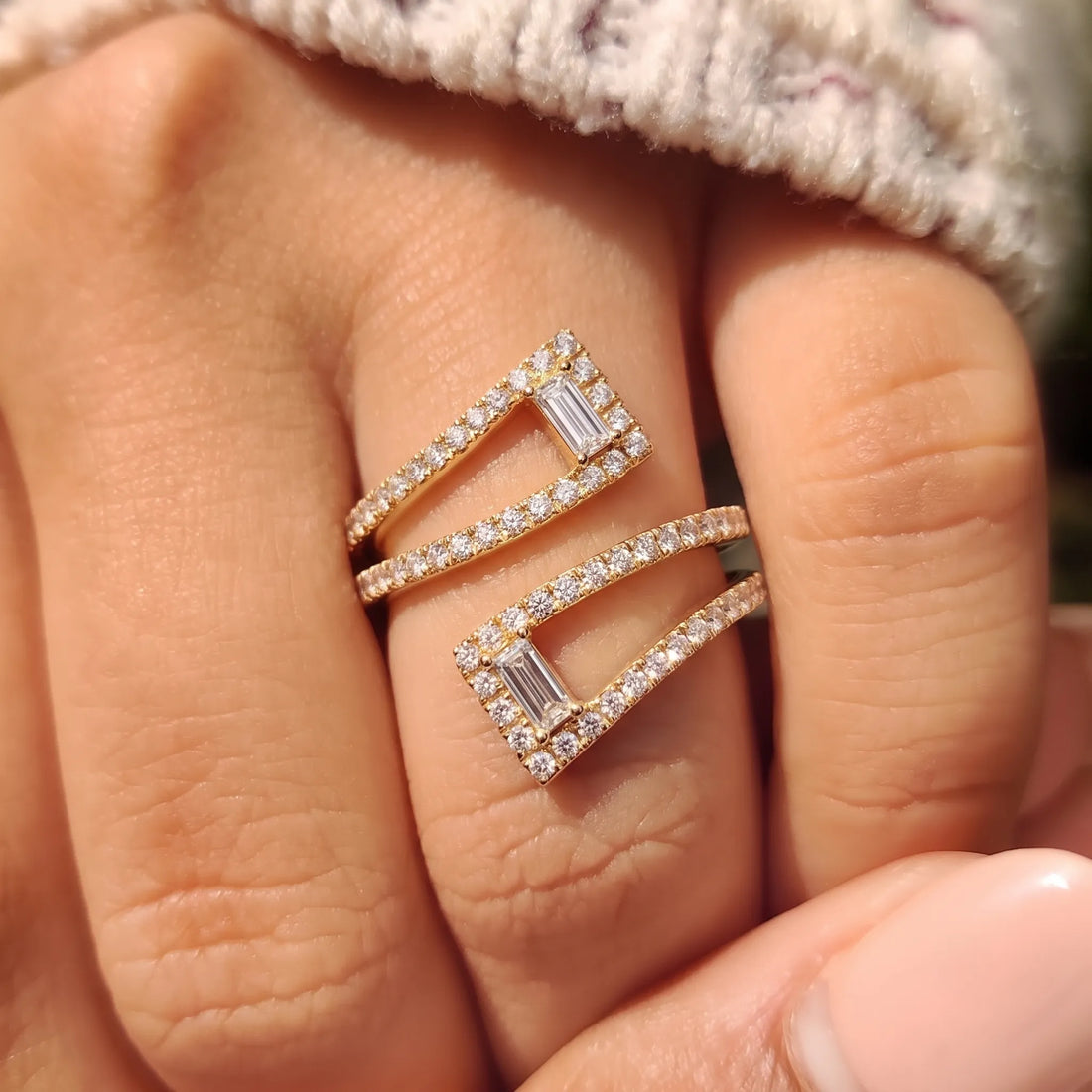 OctaPearl Baguette & Round Lab Grown Diamond Open Gap Pave Bypass Ring