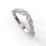 Silver ring with leaf design on a white background, Milgrain Art Deco Contour Leaf Wedding Band with Round Moissanite, Vintage Inspired Stackable Ring