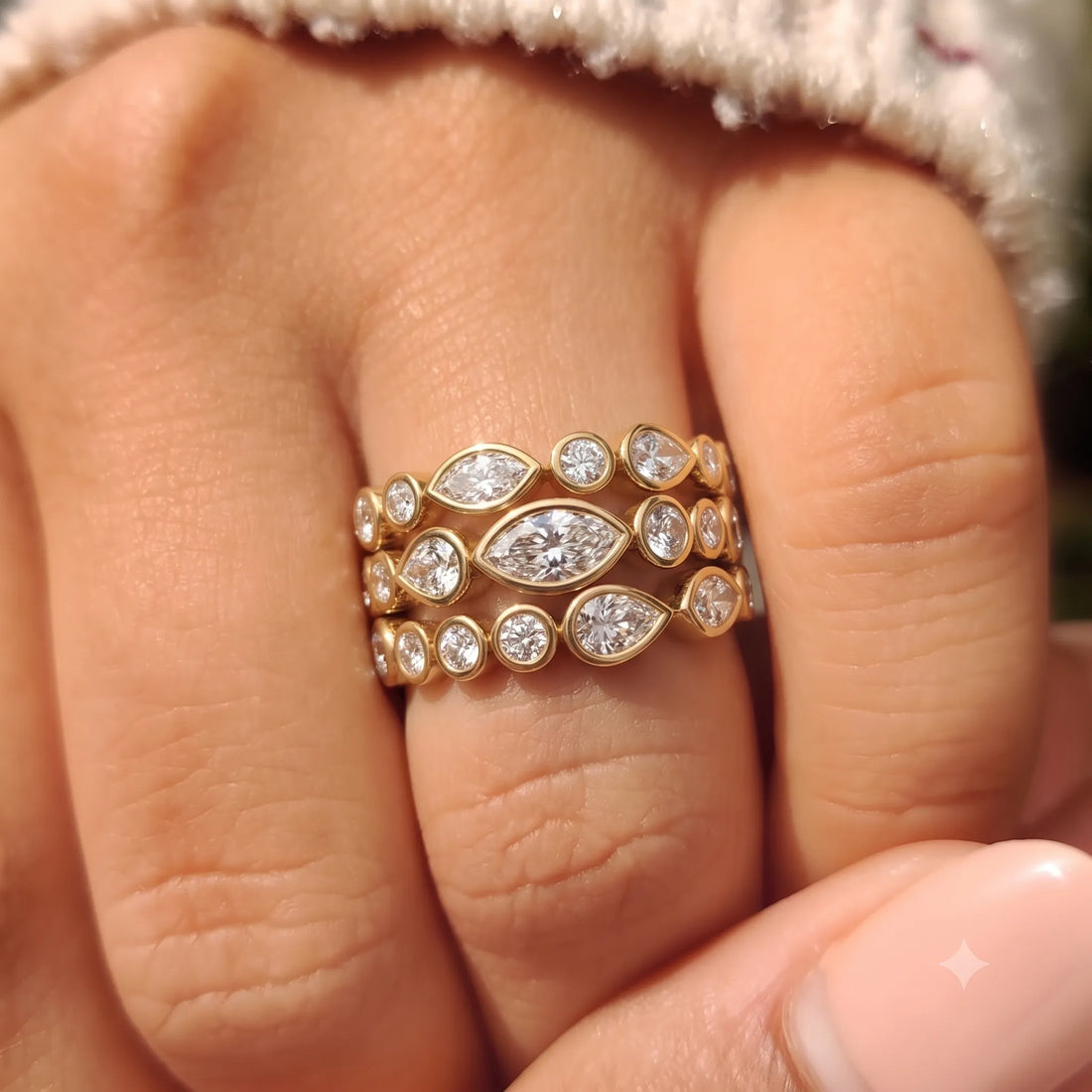 OctaPearl Multi Shape Bezel Set Lab Grown Diamond Three Row Engagement Ring