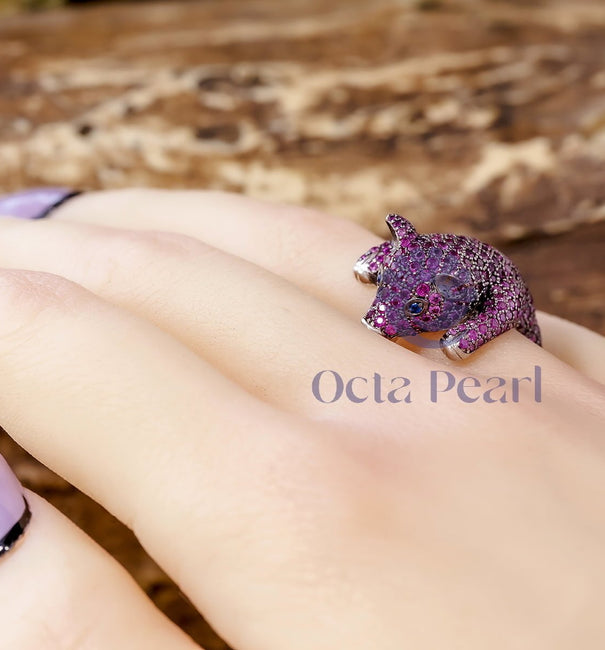 Round Cut CZ Pink With Blue Eye Baby Piglet Cute Ring For Birthday Gift