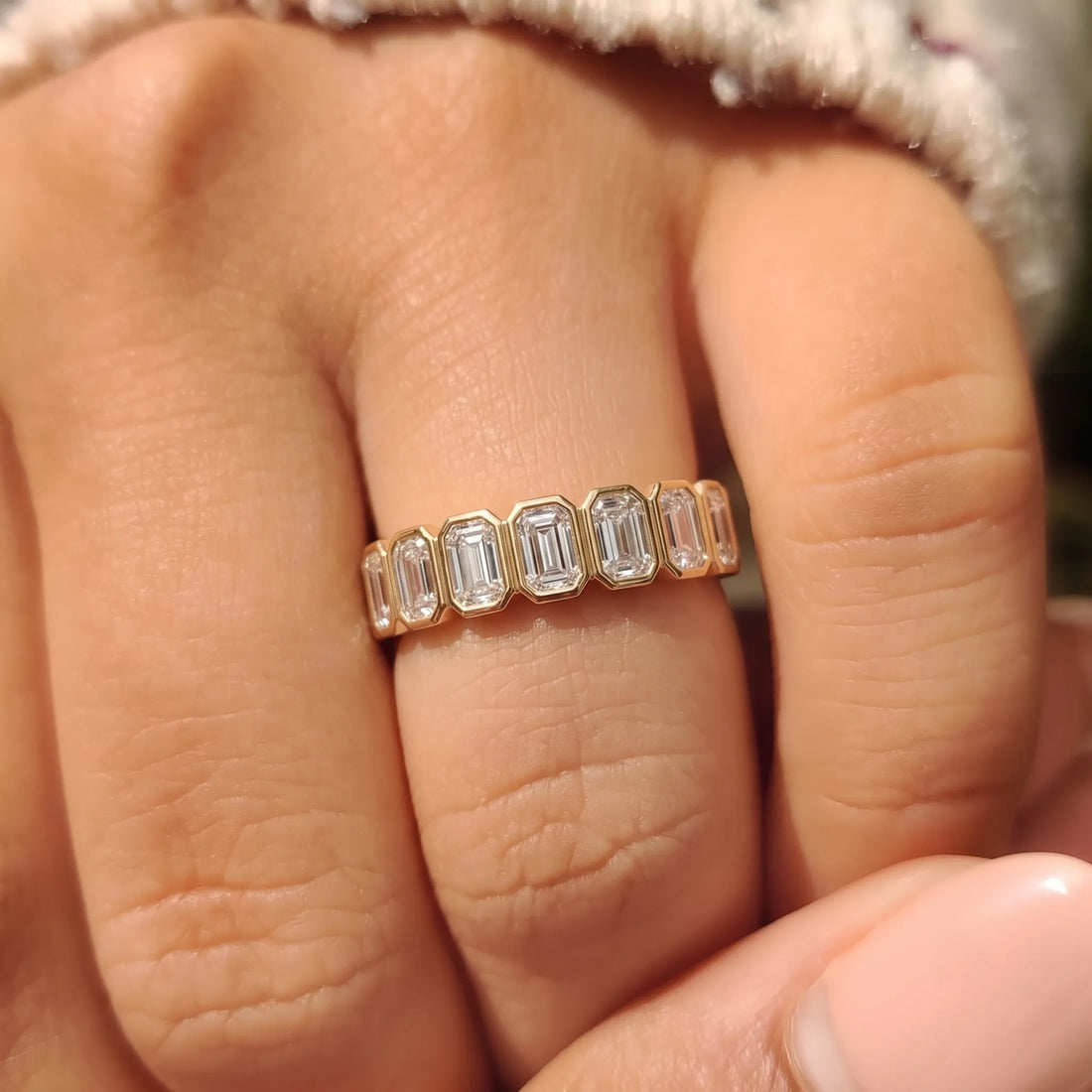 OctaPearl Bezel Set Emerald Lab Grown Diamond Half Eternity Wedding Band