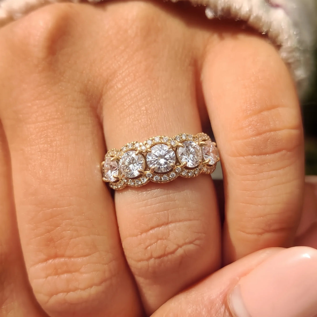 OctaPearl Round Five Stone Lab Grown Diamond Halo Engagement Ring