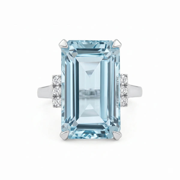 Emerald Cut Blue CZ Statement Ring With Side Stones
