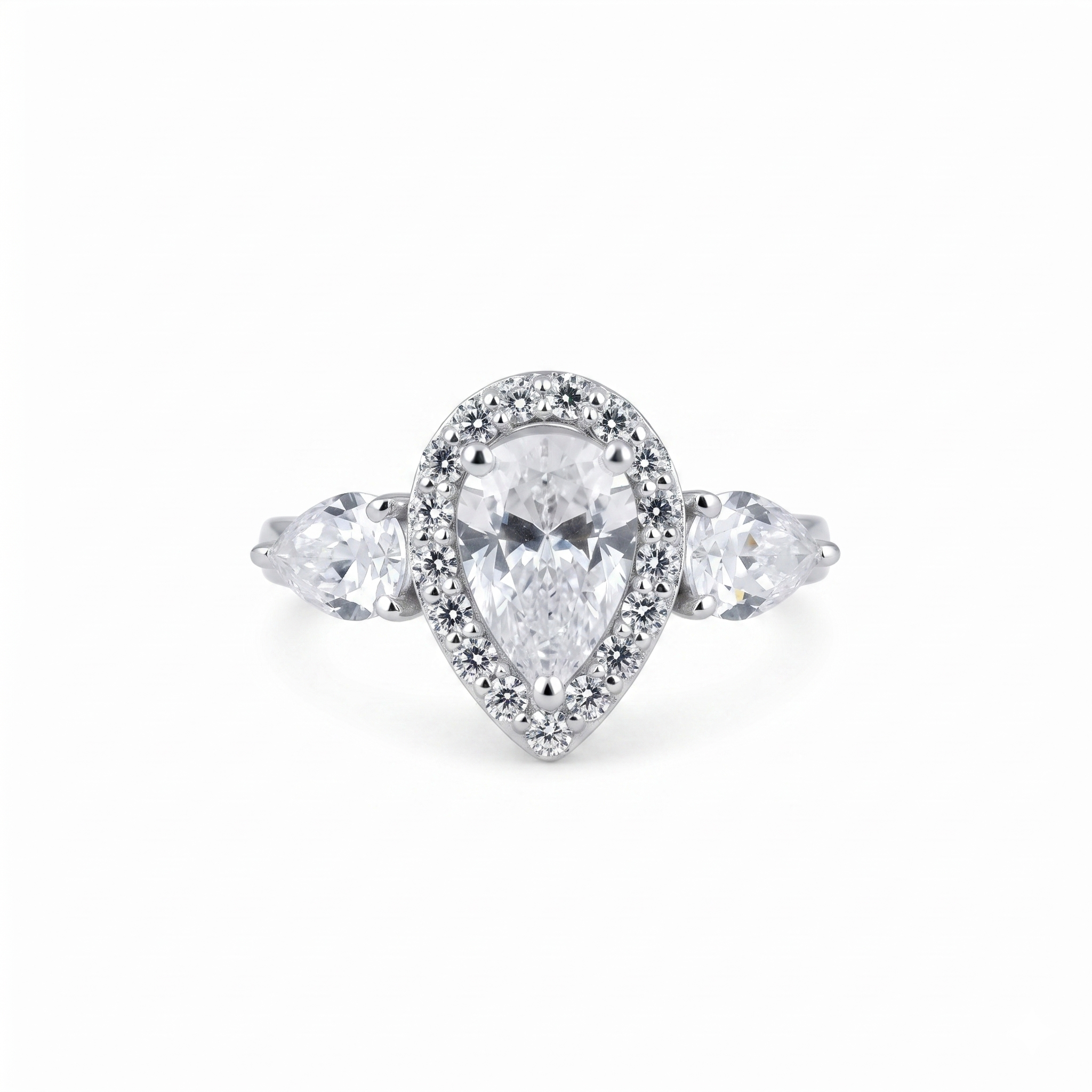 Pear Cut Moissanite Halo Engagement Ring With Side Stones