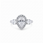 Diamond ring with pear-shaped center stone and smaller stones on a white background