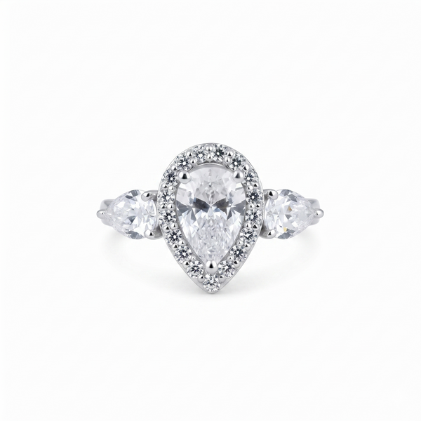 Pear Cut Moissanite Halo Engagement Ring With Side Stones