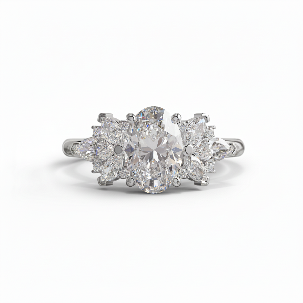 Oval Moissanite Engagement Ring – Marquise Side Stone Silver