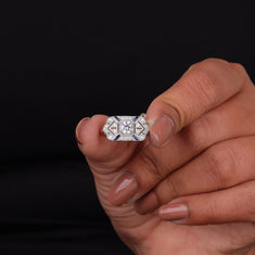 Art Deco Moissanite Sapphire Halo Engagement Ring – Vintage Style