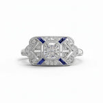 Art Deco Moissanite Sapphire Halo Engagement Ring – Vintage Style