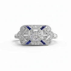 Art Deco Moissanite Sapphire Halo Engagement Ring – Vintage Style