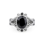 Black Oval Cut Cubic Zirconia Victorian halo statement ring with ornate scrollwork detailing and vintage-inspired design
