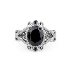 Black Oval Cut CZ Victorian Halo Statement Ring