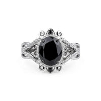 Black Oval Cut Cubic Zirconia Victorian halo statement ring with ornate scrollwork detailing and vintage-inspired design