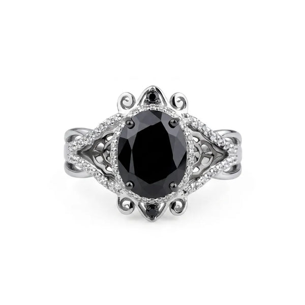 Black Oval Cut CZ Victorian Halo Statement Ring