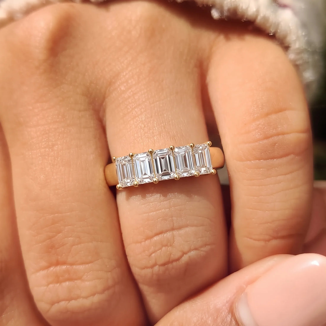 OctaPearl Emerald Cut Lab Grown Diamond Five Stone Engagement Ring