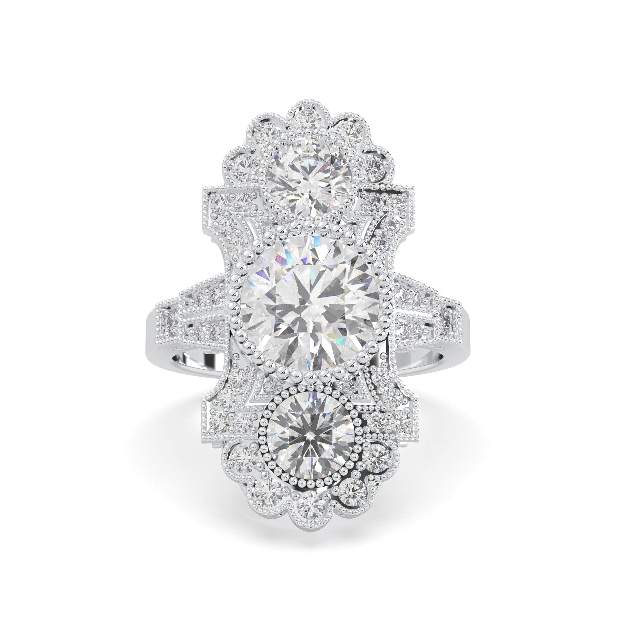 Moissanite Art Deco Three Stone Statement Ring – Silver Vintage
