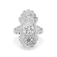 Diamond ring with intricate design on a white background, Vintage Art Deco Three Stone Moissanite Ring, Milgrain Statement Engagement Ring for Women