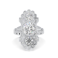 Moissanite Art Deco Three Stone Statement Ring – Silver Vintage