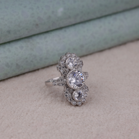 Silver ring with multiple gemstones on a neutral background, Past Present Future Moissanite Wedding Ring, Affordable Art Deco Vintage Engagement Jewelry