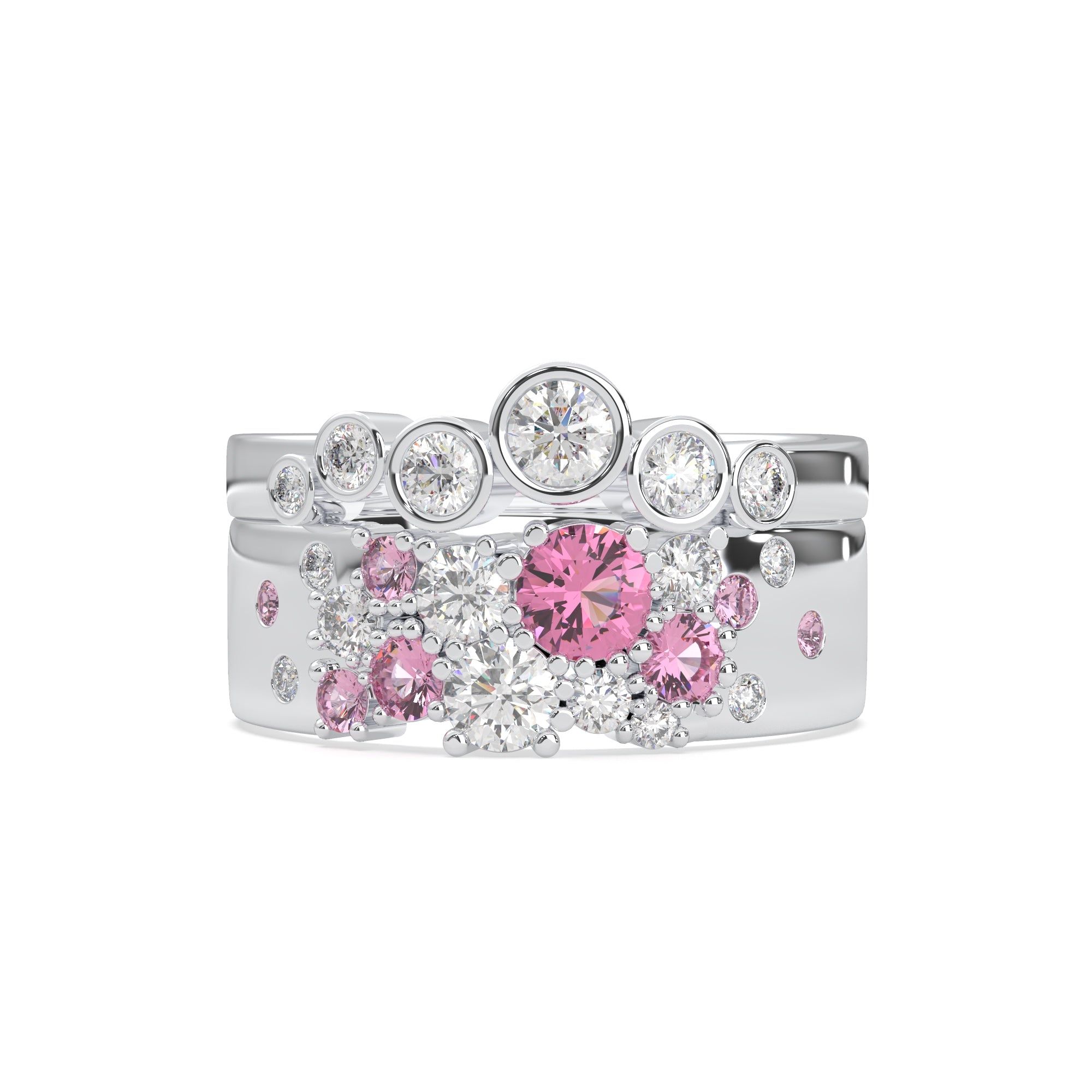 Silver ring with pink gemstones on a white background, Blush Petal Pink & White Round CZ Stackable Band Set, Dainty Layering Rings for Women
