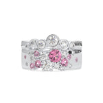 Silver ring with pink gemstones on a white background, Blush Petal Pink & White Round CZ Stackable Band Set, Dainty Layering Rings for Women