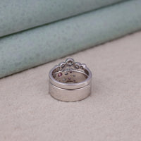 Silver ring with intricate design on a textured surface, Engagement Wedding Band Stack, Gorgeous White and Pink CZ Ring Set, Sparkling Cubic Zirconia Anniversary Jewelry