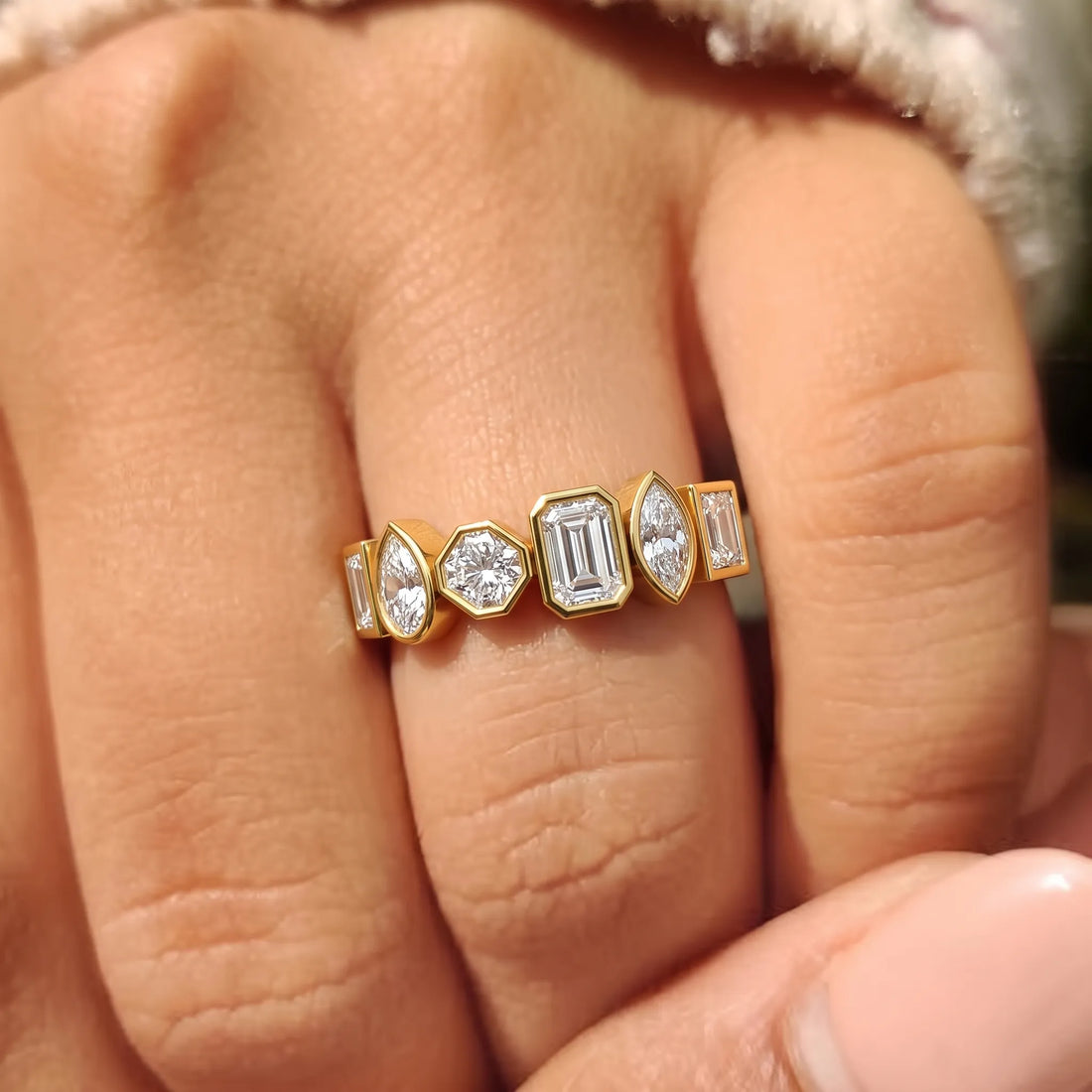 OctaPearl Bezel Set Multi Shape Lab Grown Diamond Half Eternity Wedding Band