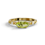 Gold ring with a green gemstone on a white background, East West Peridot Marquise CZ Three Stone Ring for Engagement, East West Peridot Ring for Her