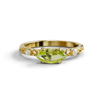 Gold ring with a green gemstone on a white background, East West Peridot Marquise CZ Three Stone Ring for Engagement, East West Peridot Ring for Her