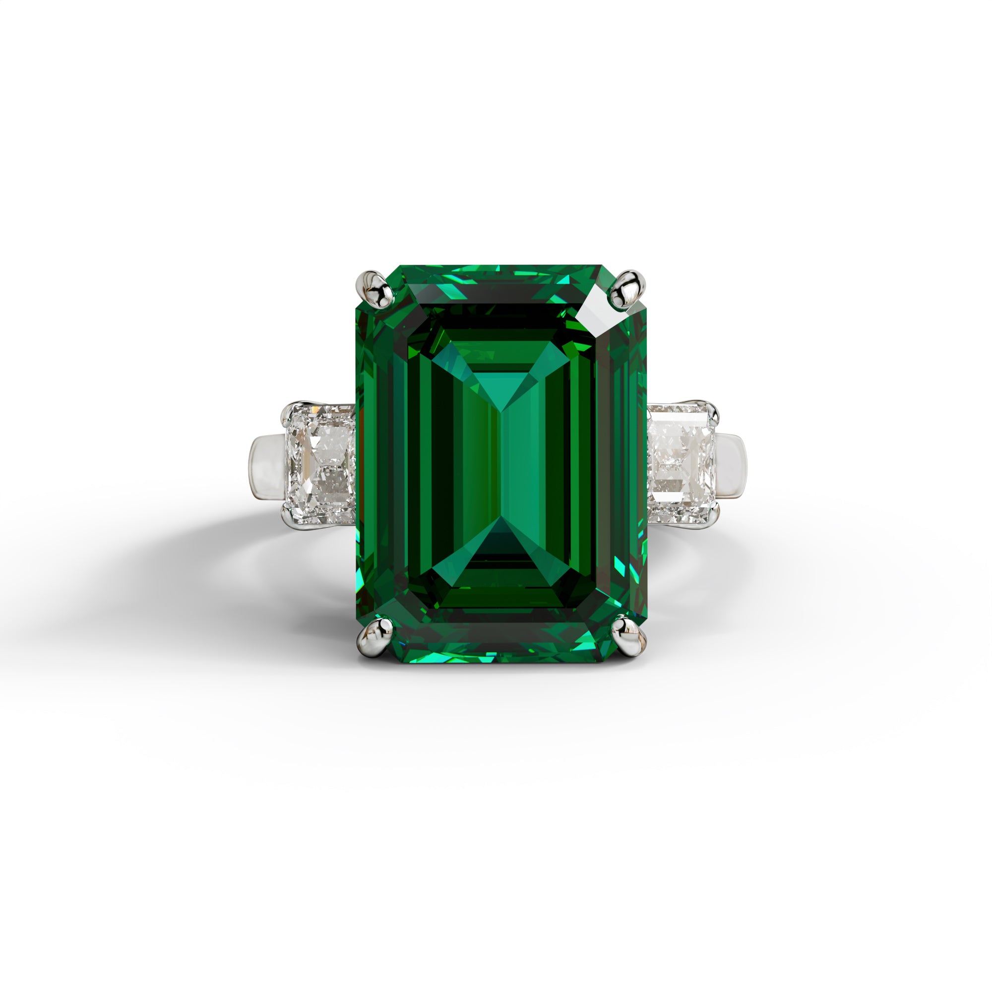 Green & White Emerald Cut CZ Gemstone Trilogy Ring