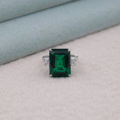 Green & White Emerald Cut CZ Gemstone Trilogy Ring - alternate view