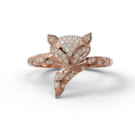 Rose gold fox-shaped ring with diamond accents on a white, Rose Gold Fox Design Moissanite Ring – Unique Animal Inspired Jewelry for Women background
