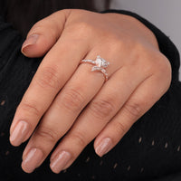 Close-up of a hand wearing a diamond ring with a blurred background, Whimsical Fox Moissanite Ring, Rose Gold Animal Jewelry for Everyday Wear