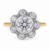 Diamond ring with floral design on a white background