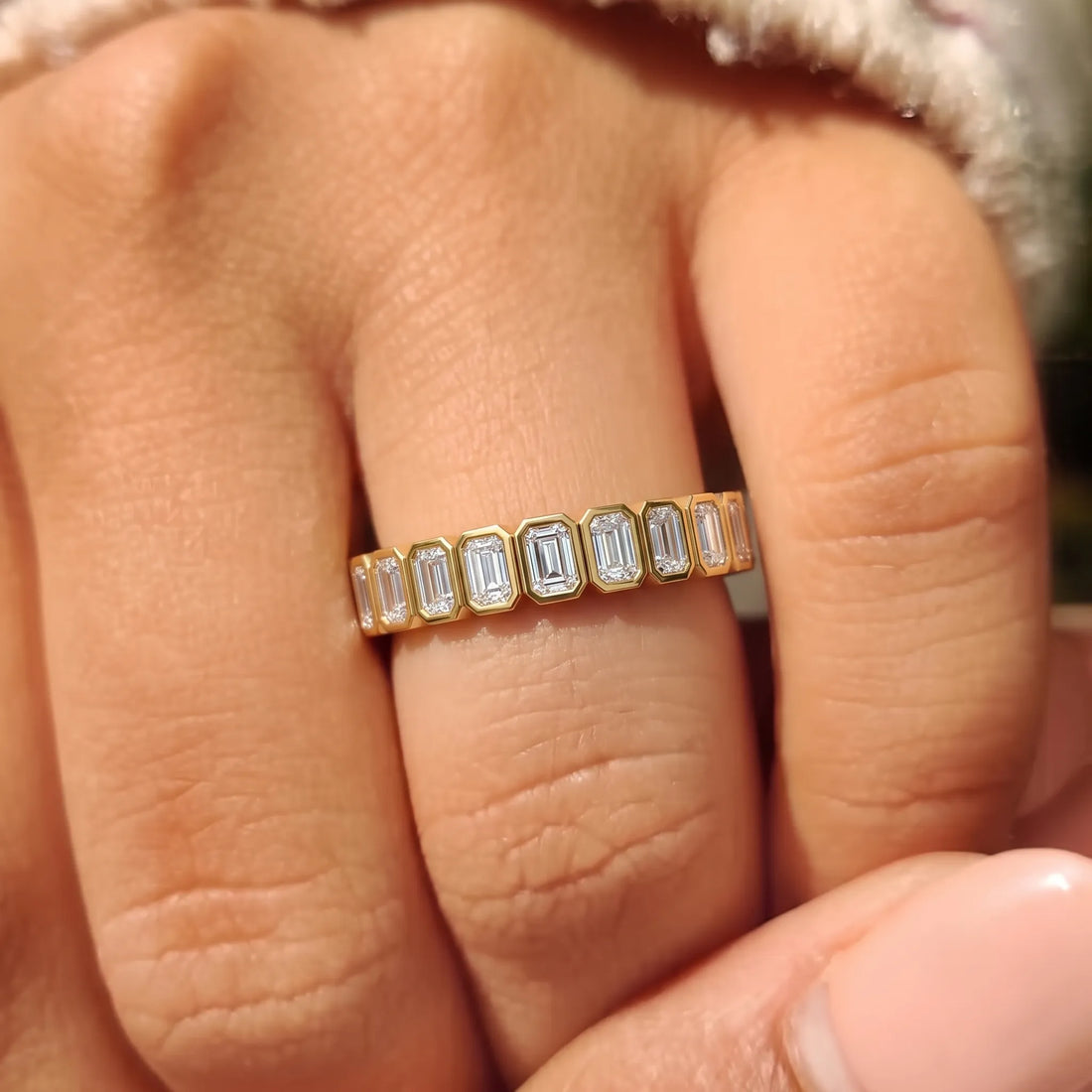 OctaPearl Bezel Set Emerald Cut Lab Grown Diamond Full Eternity Wedding Band
