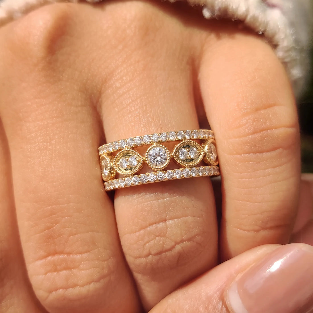 OctaPearl Vintage Inspire Three Row Pave Lab Grown Diamond Half Eternity Wedding Band