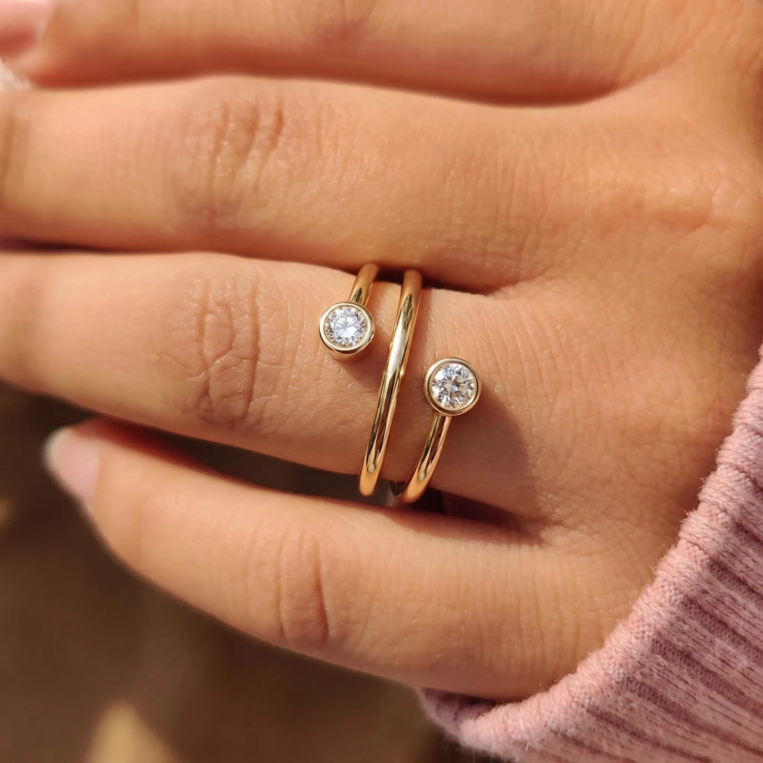 OctaPearl Bezel Set Round Two Stone Lab Grown Diamond Open Bypass Wrap Ring