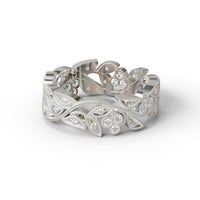 Round Moissanite Milgrain Art Deco Vintage Style Leaf Inspire Eternity Band