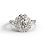 Diamond ring with floral design on a white background, Vintage Floral Moissanite Engagement Ring, Art Deco Flower Halo Ring, Round Moissanite & Marquise CZ Petal Ring in 925 Silver