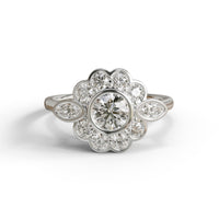 Diamond ring with floral design on a white background, Vintage Floral Moissanite Engagement Ring, Art Deco Flower Halo Ring, Round Moissanite & Marquise CZ Petal Ring in 925 Silver