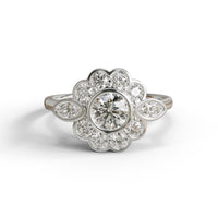 Round & Marquise Moissanite Bezel Set Vintage Floral Engagement Ring | 925 Sterling Silver | US 8