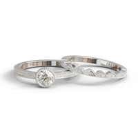 Round Moissanite Milgrain Art Deco Vintage Style Wedding Ring Set For Bride