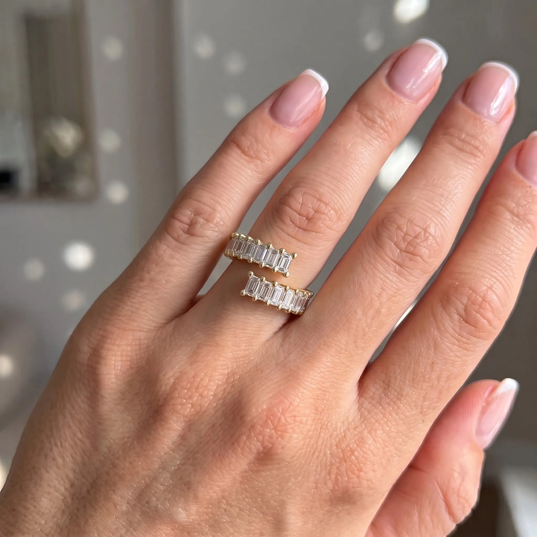OctaPearl Emerald Cut Lab Grown Diamond Open Cuff Bypass Pave Engagement Ring