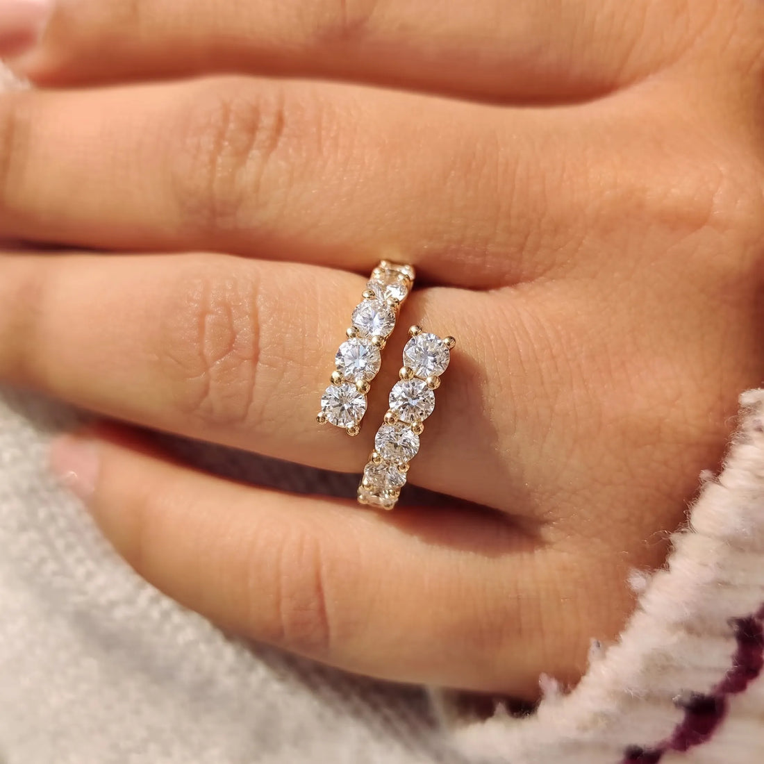 OctaPearl Round Lab Grown Diamond Open Cuff Bypass Pave Engagement Ring
