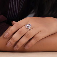 Close-up of a hand wearing a heart-shaped gemstone ring on a dark background, Art Deco Navette Ring, Bezel Set Pink CZ Ring, Vintage Style Statement Ring
