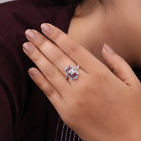 Hand wearing a decorative ring with gemstones against a neutral background, Navette Shape Cocktail Ring, Pink Stone Vintage Ring, Antique Style CZ Ring